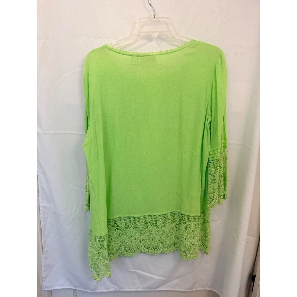Chicos Lime Green Cotton Lace Trim Blouse Pintuck 3/4 Sleeve Top Size 2 L Large - Picture 2 of 7